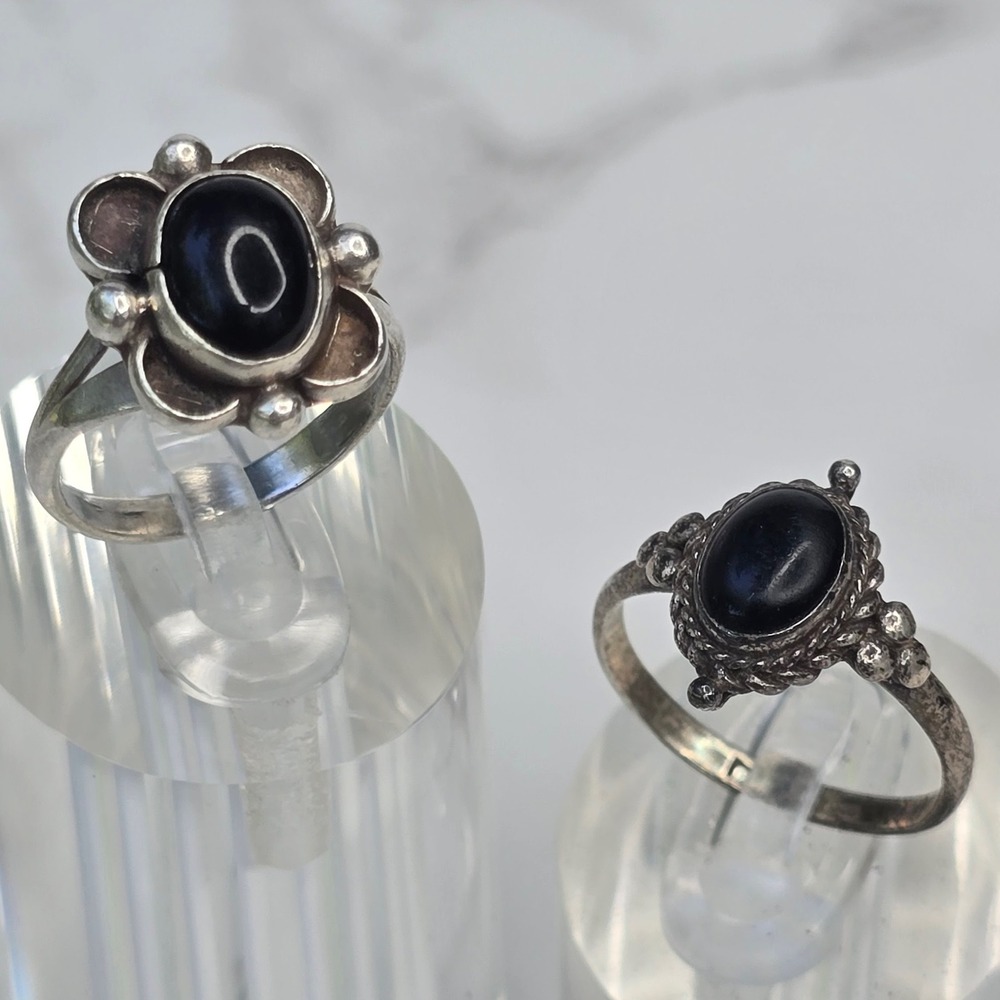 Vintage FAS 925 Sterling Silver Black Onyx Rings Floral Ornate Sizes 5 & 6.5